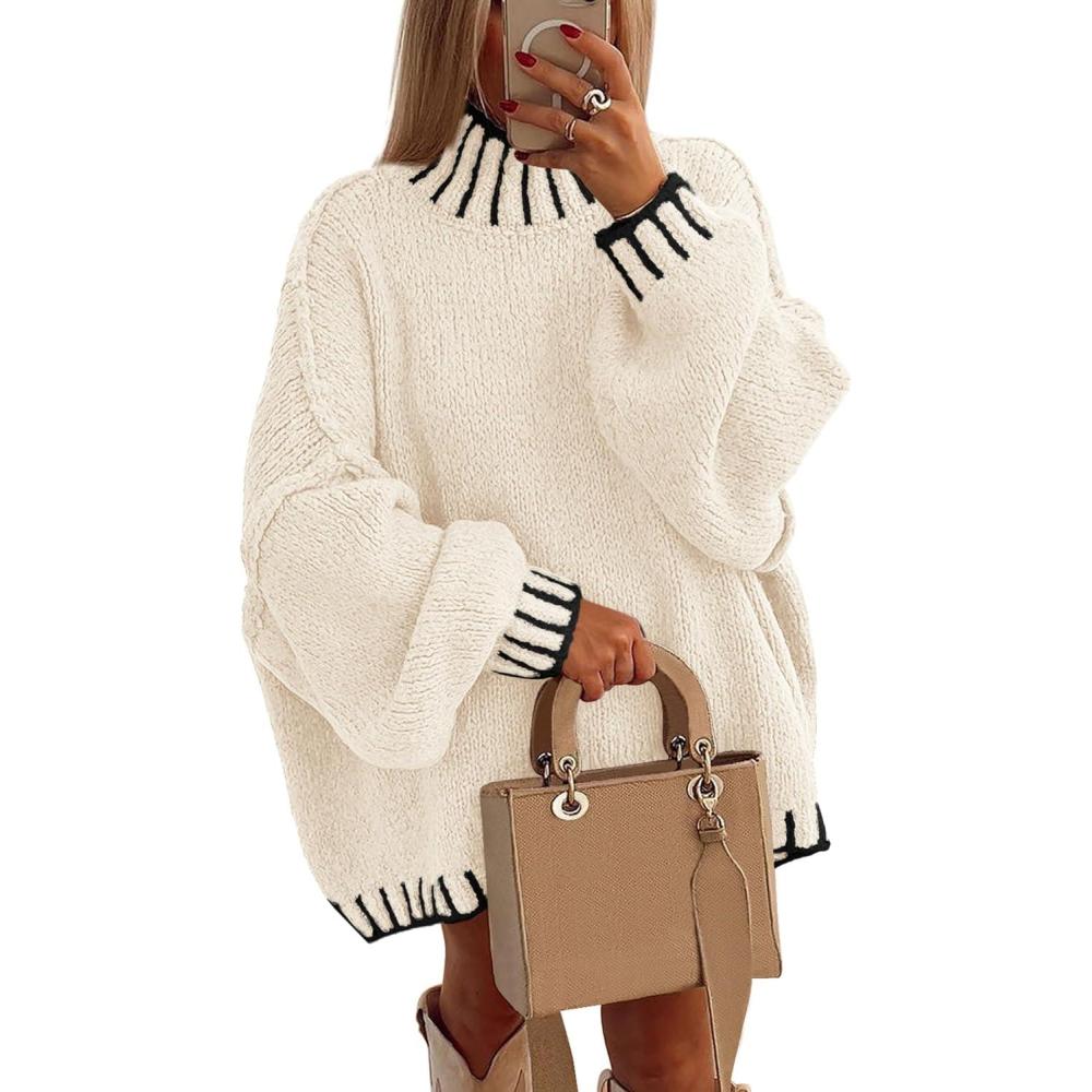 imagePRETTYGARDEN Womens 2026 Fall Oversized Pullover Sweaters Long Sleeve Mock Neck Chunky Knit Jumper Tops Winter ClothingWhite