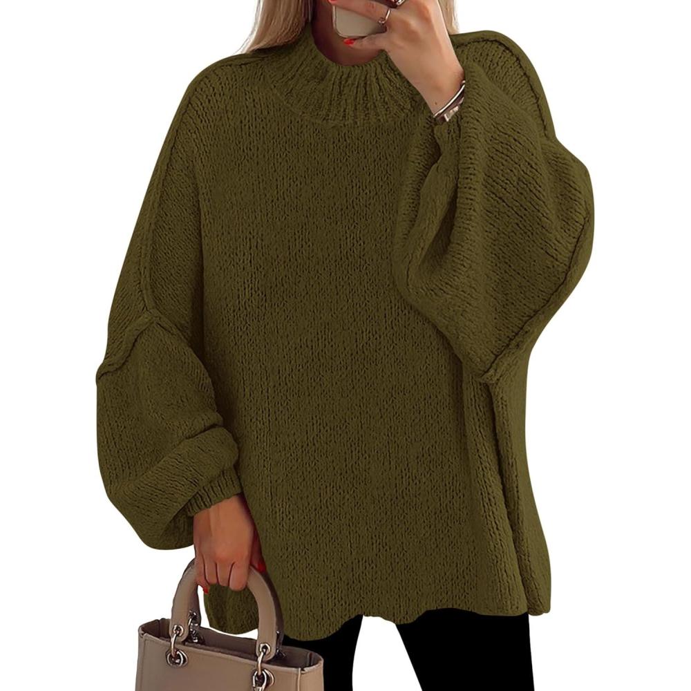 imagePRETTYGARDEN Womens 2026 Fall Oversized Sweaters Chunky Knit Mock Neck Long Sleeve Casual Trendy Pullover Winter ClothesArmy Green