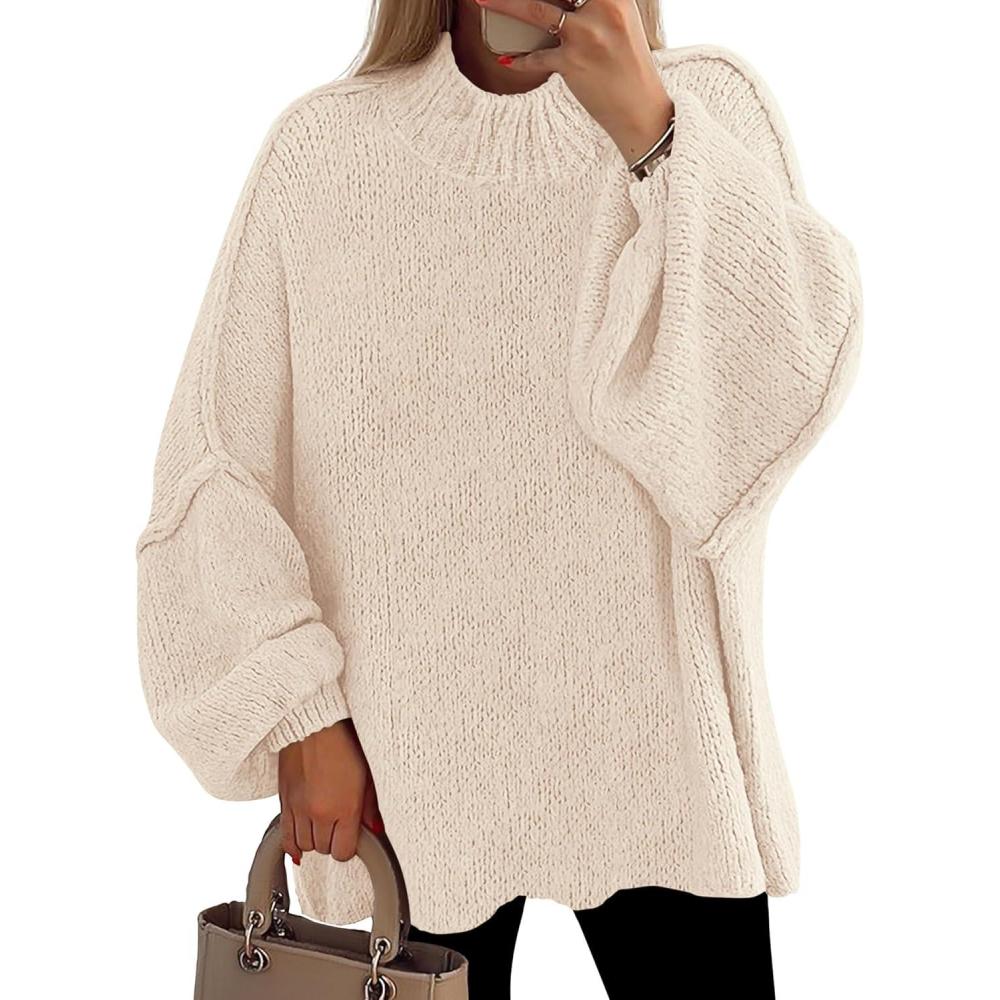 imagePRETTYGARDEN Womens 2026 Fall Oversized Sweaters Chunky Knit Mock Neck Long Sleeve Casual Trendy Pullover Winter ClothesBeige