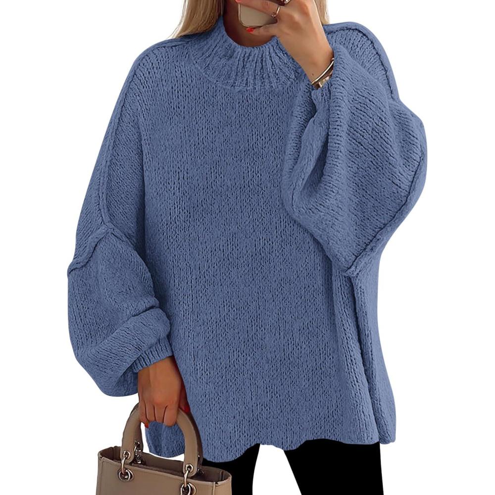 imagePRETTYGARDEN Womens 2026 Fall Oversized Sweaters Chunky Knit Mock Neck Long Sleeve Casual Trendy Pullover Winter ClothesBlue
