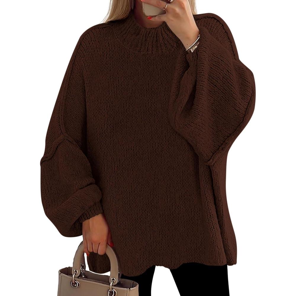 imagePRETTYGARDEN Womens 2026 Fall Oversized Sweaters Chunky Knit Mock Neck Long Sleeve Casual Trendy Pullover Winter ClothesBrown