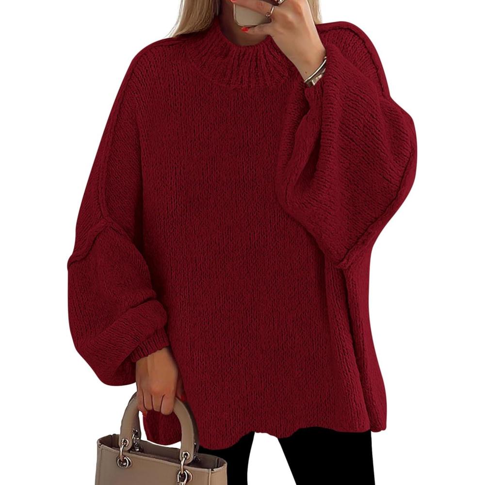 imagePRETTYGARDEN Womens 2026 Fall Oversized Sweaters Chunky Knit Mock Neck Long Sleeve Casual Trendy Pullover Winter ClothesBurgundy