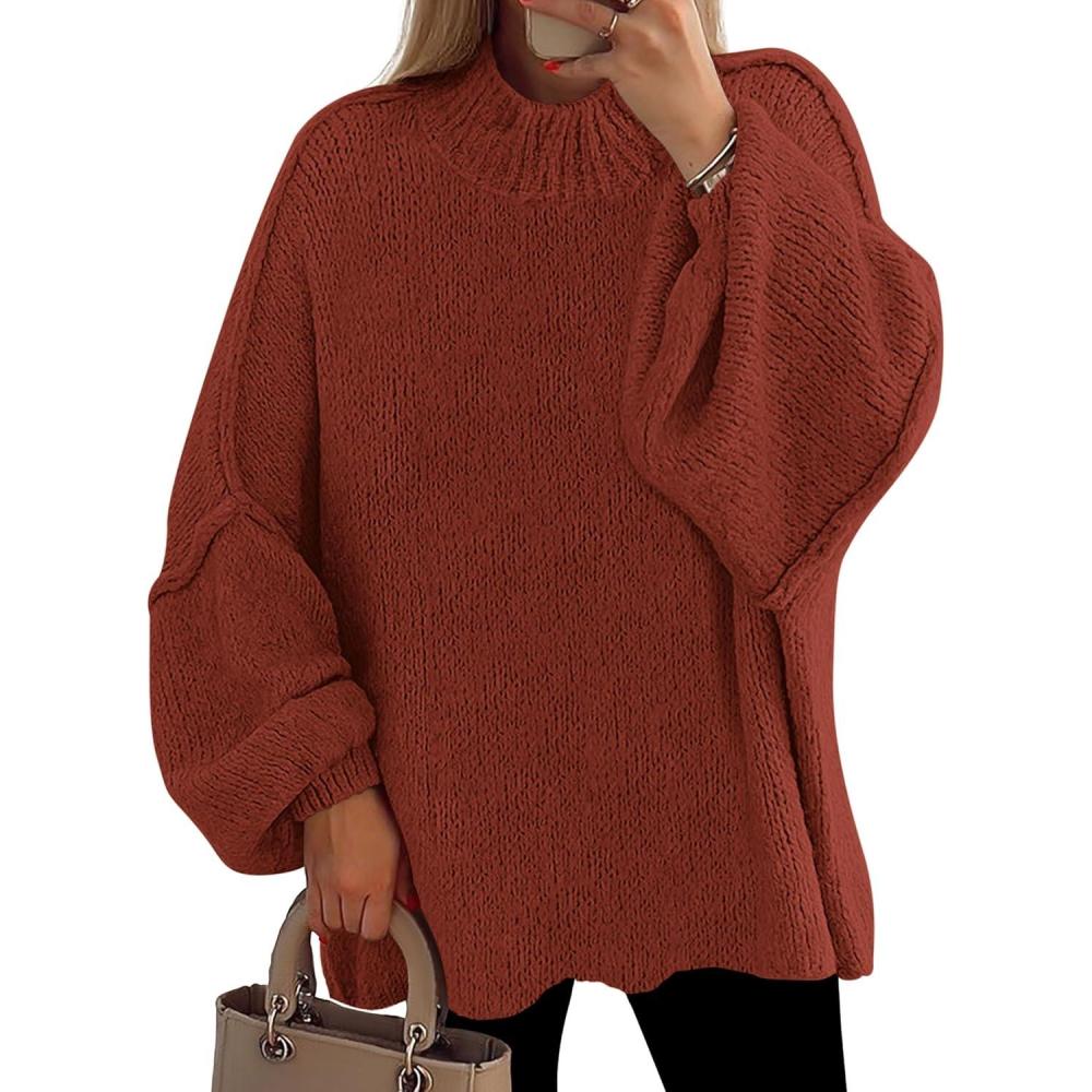 imagePRETTYGARDEN Womens 2026 Fall Oversized Sweaters Chunky Knit Mock Neck Long Sleeve Casual Trendy Pullover Winter ClothesBurnt Orange