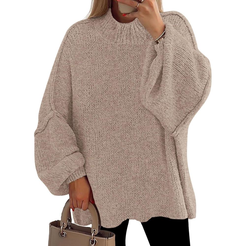 imagePRETTYGARDEN Womens 2026 Fall Oversized Sweaters Chunky Knit Mock Neck Long Sleeve Casual Trendy Pullover Winter ClothesCamel