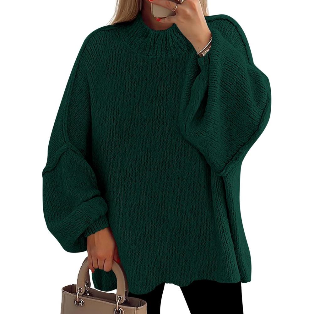 imagePRETTYGARDEN Womens 2026 Fall Oversized Sweaters Chunky Knit Mock Neck Long Sleeve Casual Trendy Pullover Winter ClothesDark Green