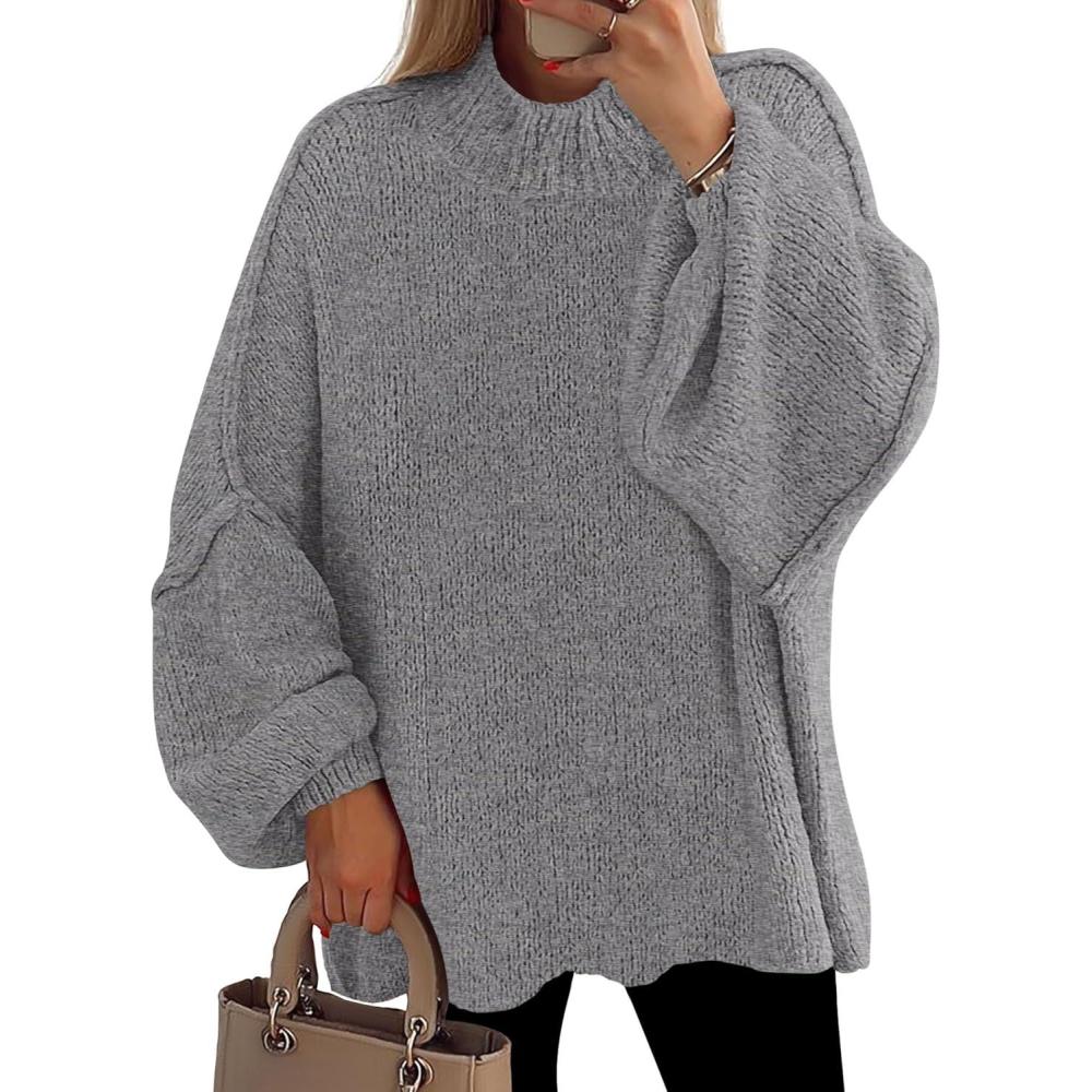 imagePRETTYGARDEN Womens 2026 Fall Oversized Sweaters Chunky Knit Mock Neck Long Sleeve Casual Trendy Pullover Winter ClothesDark Grey