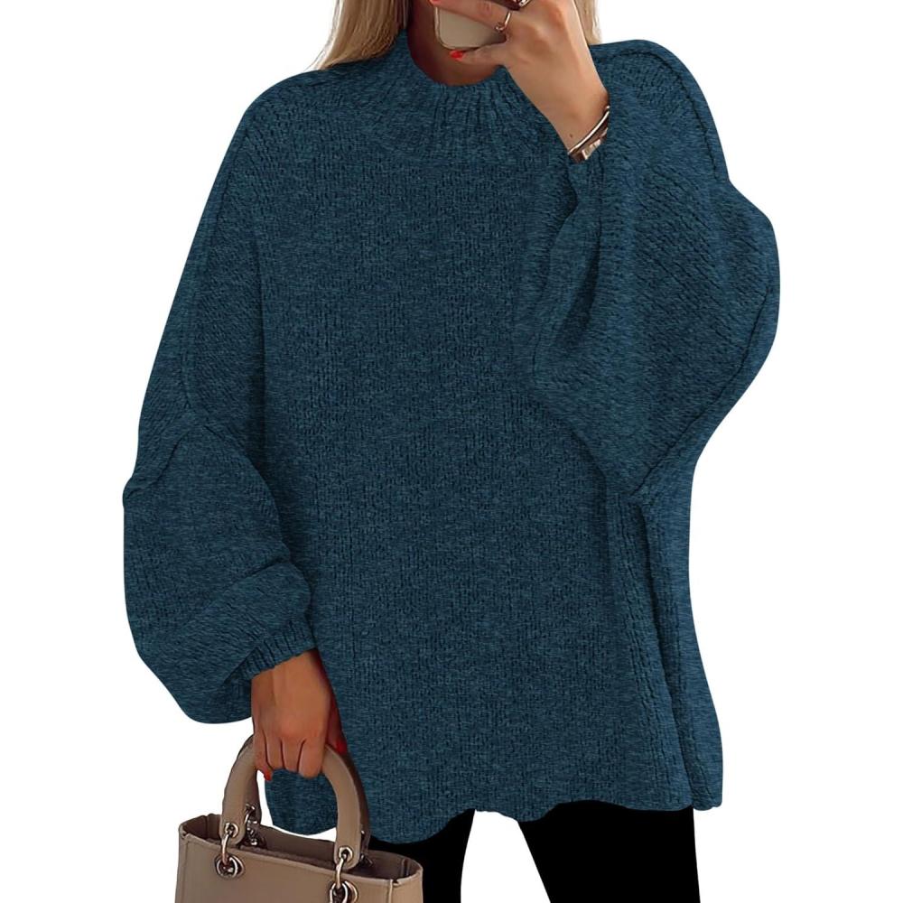 imagePRETTYGARDEN Womens 2026 Fall Oversized Sweaters Chunky Knit Mock Neck Long Sleeve Casual Trendy Pullover Winter ClothesDark Teal