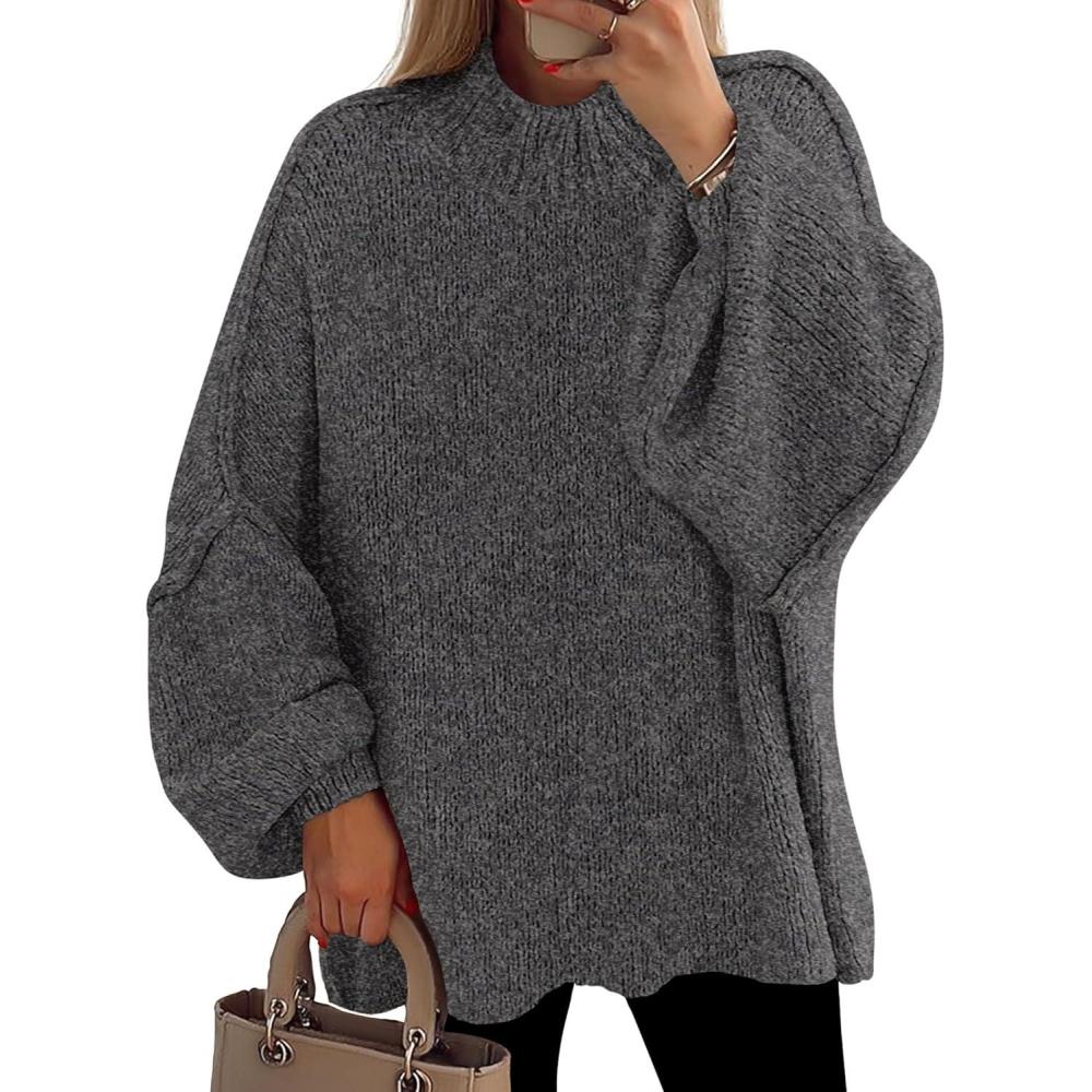 imagePRETTYGARDEN Womens 2026 Fall Oversized Sweaters Chunky Knit Mock Neck Long Sleeve Casual Trendy Pullover Winter ClothesGrey
