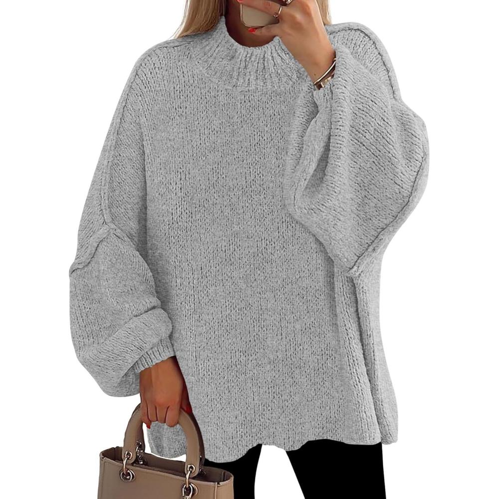 imagePRETTYGARDEN Womens 2026 Fall Oversized Sweaters Chunky Knit Mock Neck Long Sleeve Casual Trendy Pullover Winter ClothesLight Grey