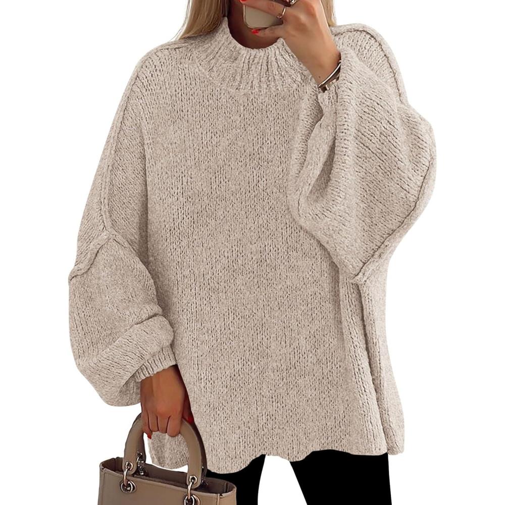 imagePRETTYGARDEN Womens 2026 Fall Oversized Sweaters Chunky Knit Mock Neck Long Sleeve Casual Trendy Pullover Winter ClothesLight Khaki