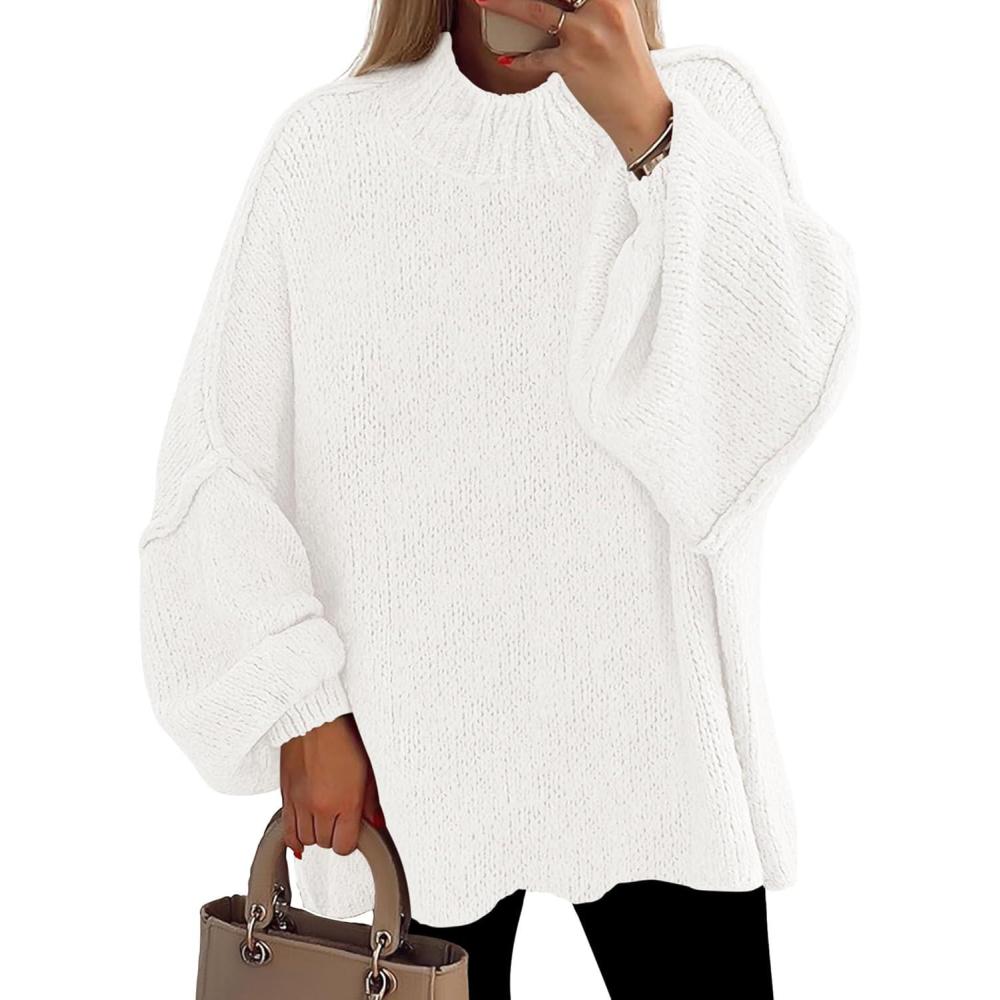 imagePRETTYGARDEN Womens 2026 Fall Oversized Sweaters Chunky Knit Mock Neck Long Sleeve Casual Trendy Pullover Winter ClothesWhite
