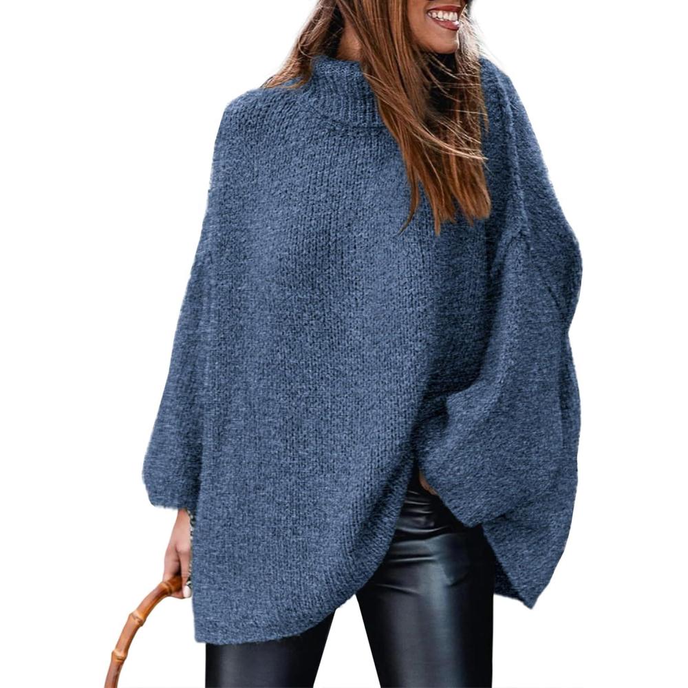 imagePRETTYGARDEN Womens 2026 Fall Turtleneck Oversized Sweaters Long Sleeve Chunky Knit Pullover Tops Winter Fashion ClothesBlue