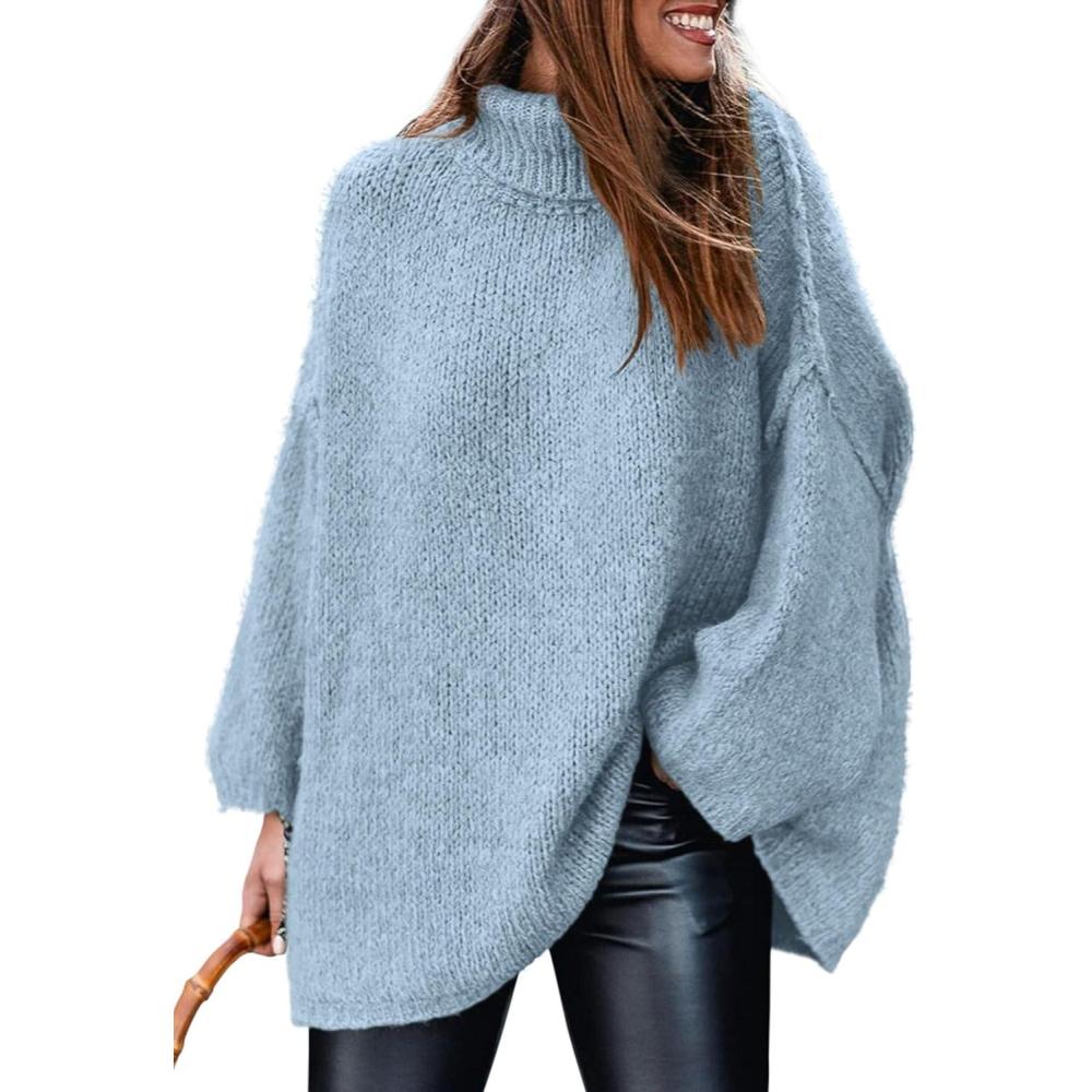 imagePRETTYGARDEN Womens 2026 Fall Turtleneck Oversized Sweaters Long Sleeve Chunky Knit Pullover Tops Winter Fashion ClothesLight Blue