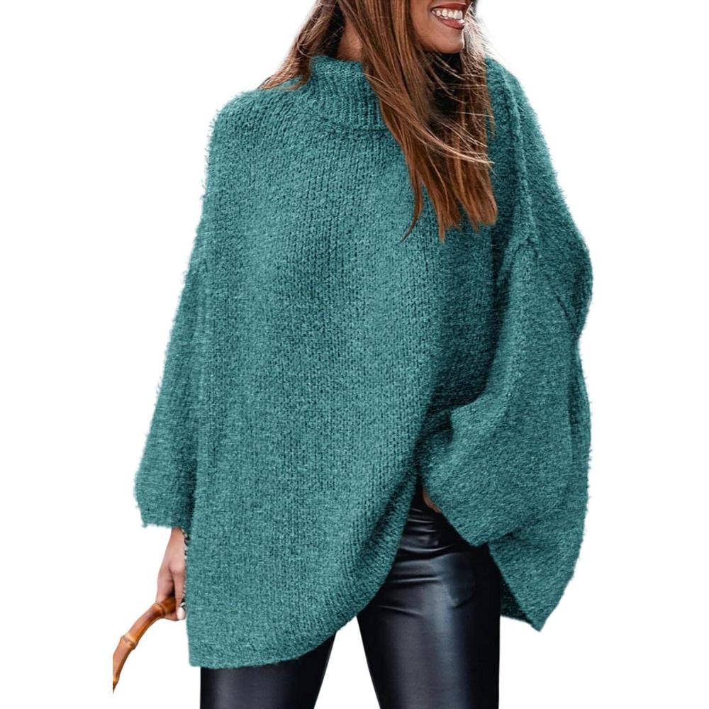 imagePRETTYGARDEN Womens 2026 Fall Turtleneck Oversized Sweaters Long Sleeve Chunky Knit Pullover Tops Winter Fashion ClothesTeal
