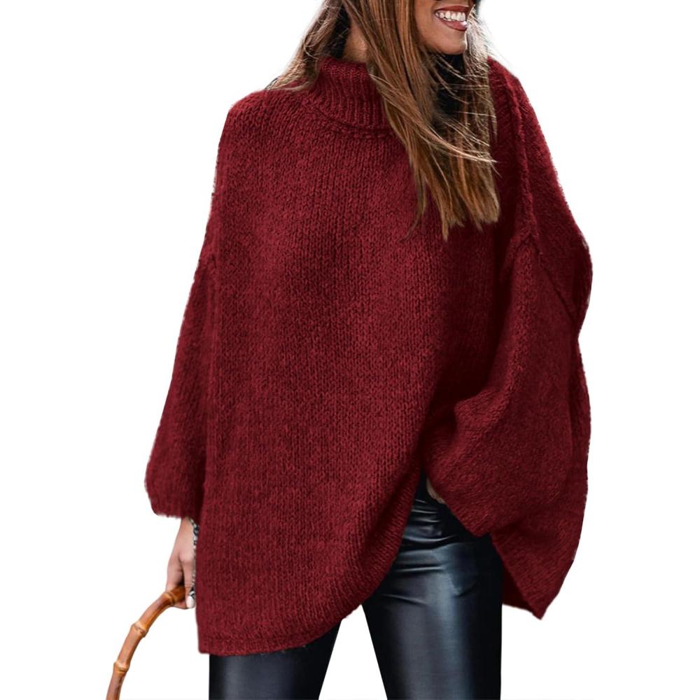 imagePRETTYGARDEN Womens 2026 Fall Turtleneck Oversized Sweaters Long Sleeve Chunky Knit Pullover Tops Winter Fashion ClothesWine Red
