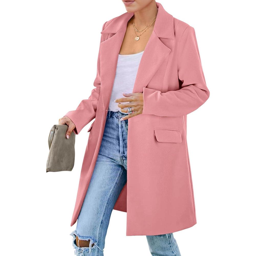 imagePRETTYGARDEN Womens 2026 Spring Fall Long Blazer Jackets Long Sleeve Lapel Pockets Loose Fit Work Casual Blazers OuterwearDusty Pink