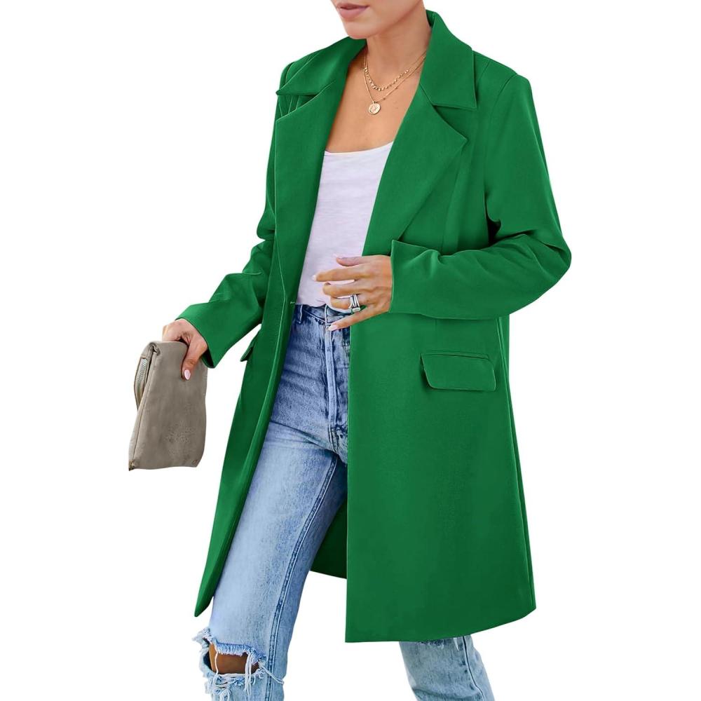 imagePRETTYGARDEN Womens 2026 Spring Fall Long Blazer Jackets Long Sleeve Lapel Pockets Loose Fit Work Casual Blazers OuterwearGreen