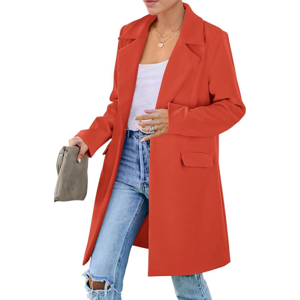 imagePRETTYGARDEN Womens 2026 Spring Fall Long Blazer Jackets Long Sleeve Lapel Pockets Loose Fit Work Casual Blazers OuterwearOrange Red