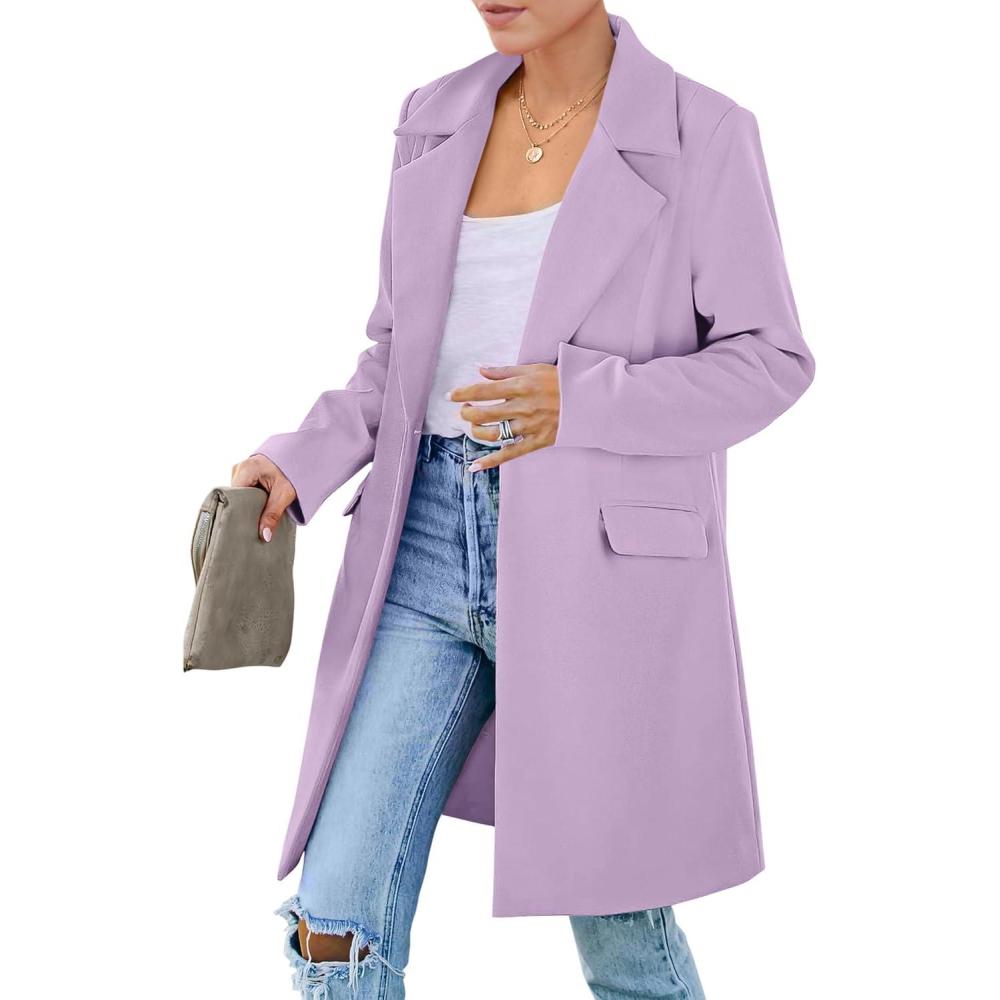 imagePRETTYGARDEN Womens 2026 Spring Fall Long Blazer Jackets Long Sleeve Lapel Pockets Loose Fit Work Casual Blazers OuterwearPurple