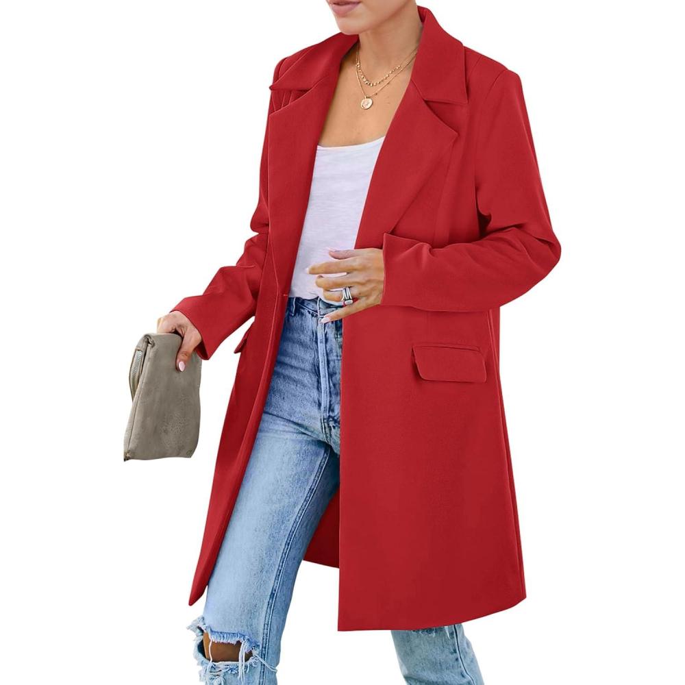 imagePRETTYGARDEN Womens 2026 Spring Fall Long Blazer Jackets Long Sleeve Lapel Pockets Loose Fit Work Casual Blazers OuterwearRed