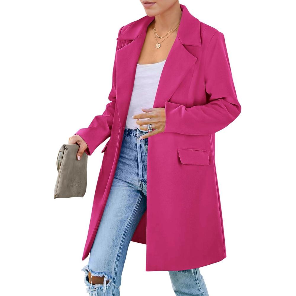 imagePRETTYGARDEN Womens 2026 Spring Fall Long Blazer Jackets Long Sleeve Lapel Pockets Loose Fit Work Casual Blazers OuterwearRose Red