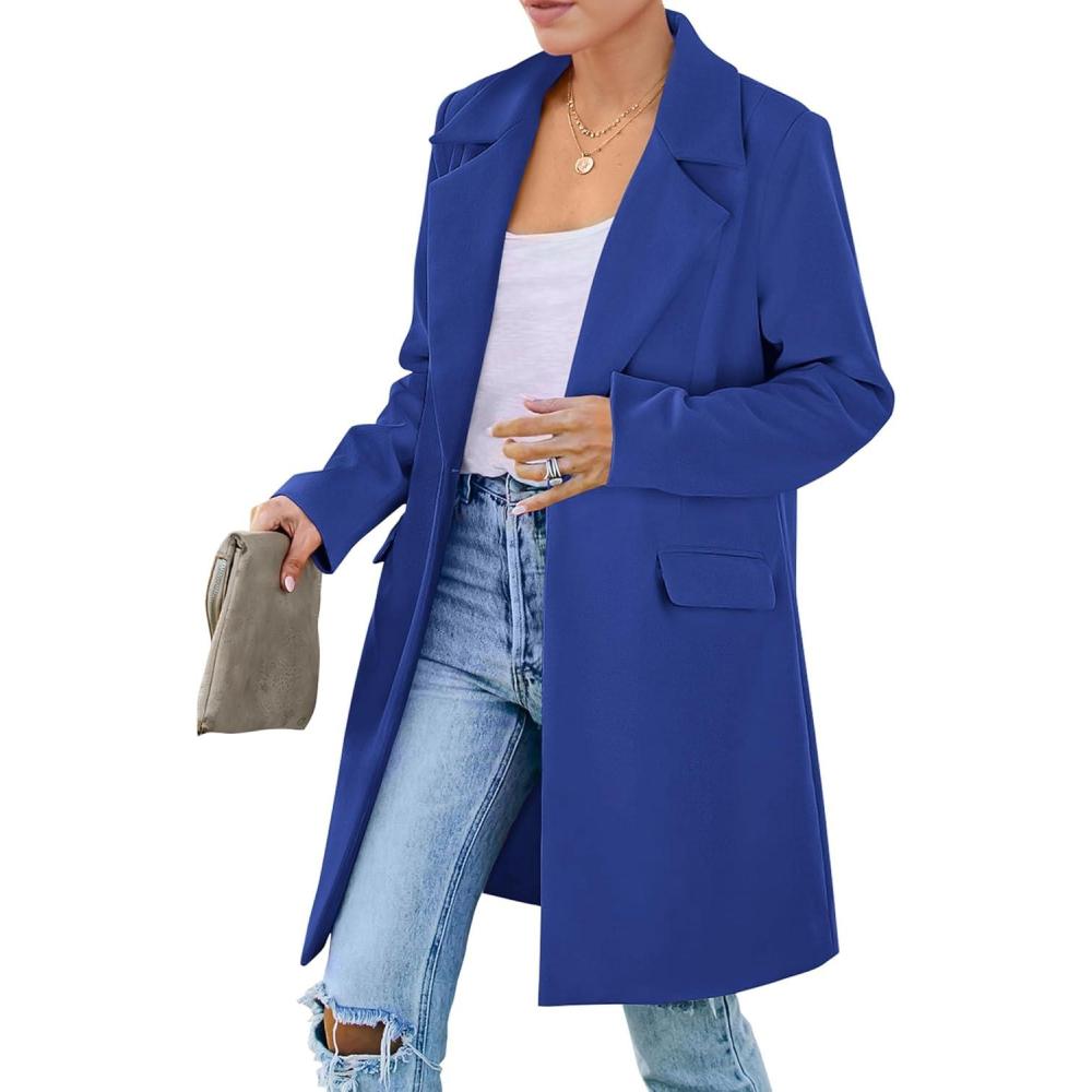 imagePRETTYGARDEN Womens 2026 Spring Fall Long Blazer Jackets Long Sleeve Lapel Pockets Loose Fit Work Casual Blazers OuterwearRoyal Blue