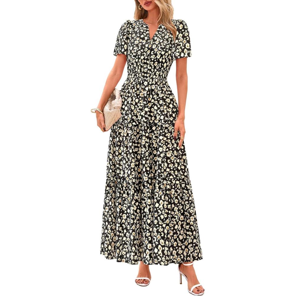 imagePRETTYGARDEN Womens 2026 Summer Boho Maxi Dresses Floral Short Sleeve V Neck A Line Tiered Flowy Long Beach Vacation DressBlack
