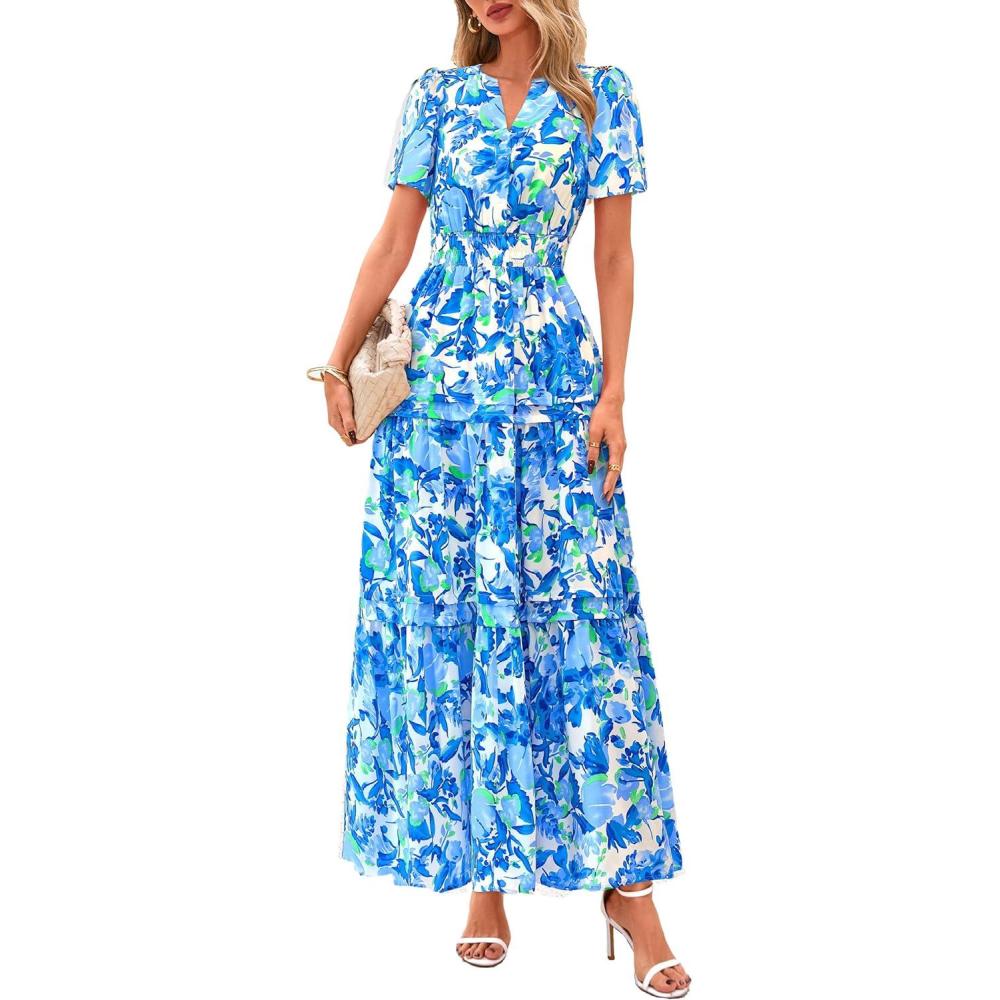 imagePRETTYGARDEN Womens 2026 Summer Boho Maxi Dresses Floral Short Sleeve V Neck A Line Tiered Flowy Long Beach Vacation DressFloral Blue
