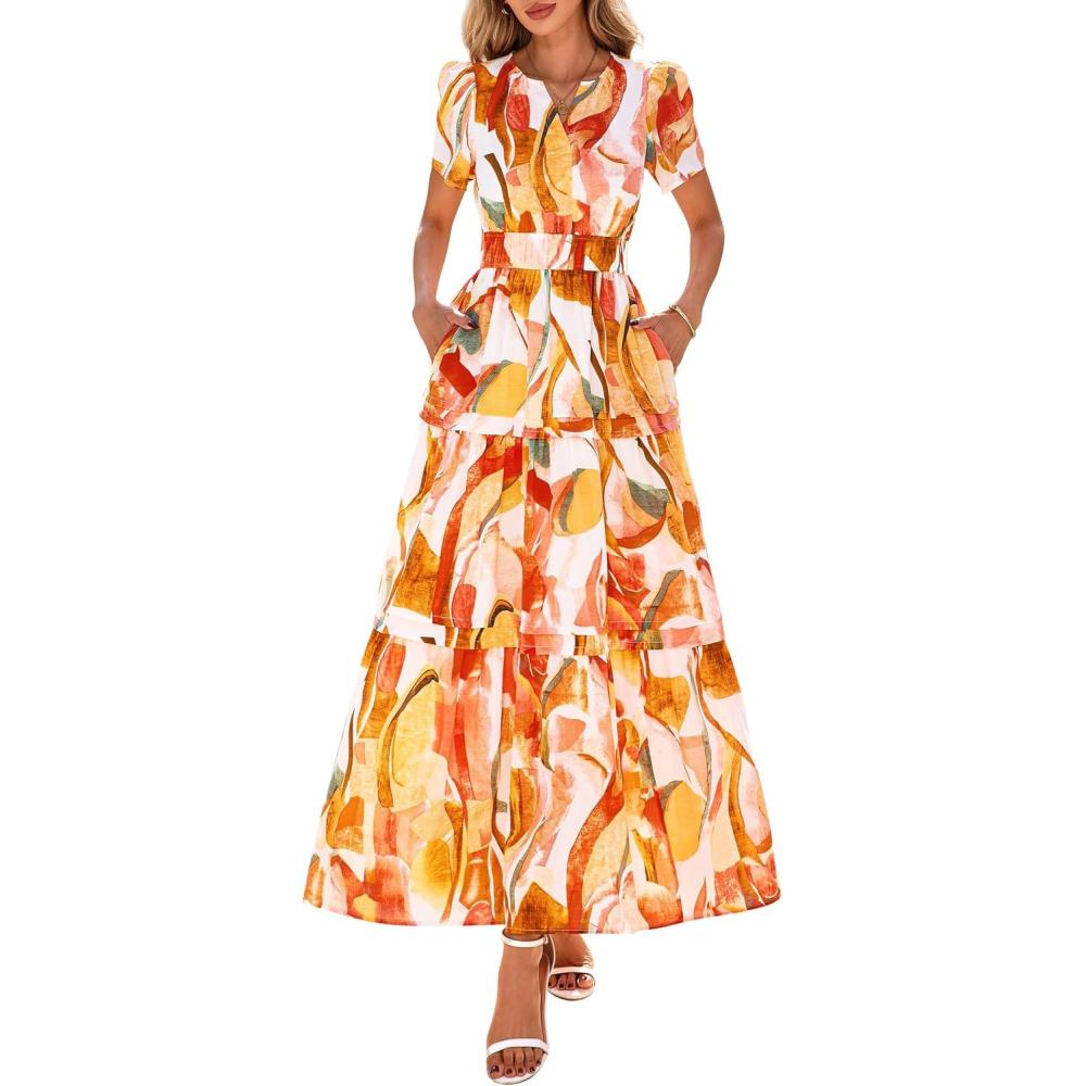 imagePRETTYGARDEN Womens 2026 Summer Boho Maxi Dresses Floral Short Sleeve V Neck A Line Tiered Flowy Long Beach Vacation DressPink Watercolour
