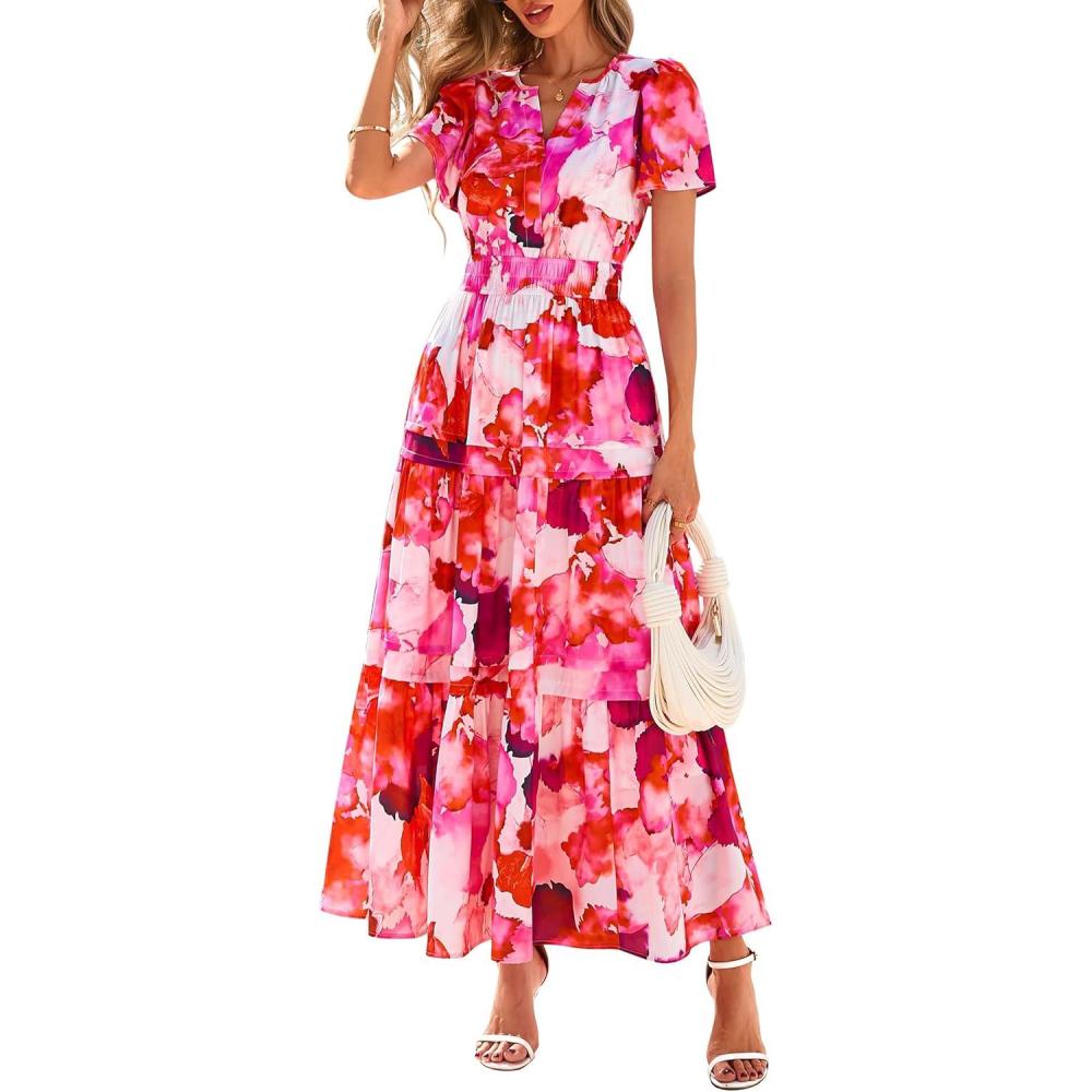 imagePRETTYGARDEN Womens 2026 Summer Boho Maxi Dresses Floral Short Sleeve V Neck A Line Tiered Flowy Long Beach Vacation DressRed