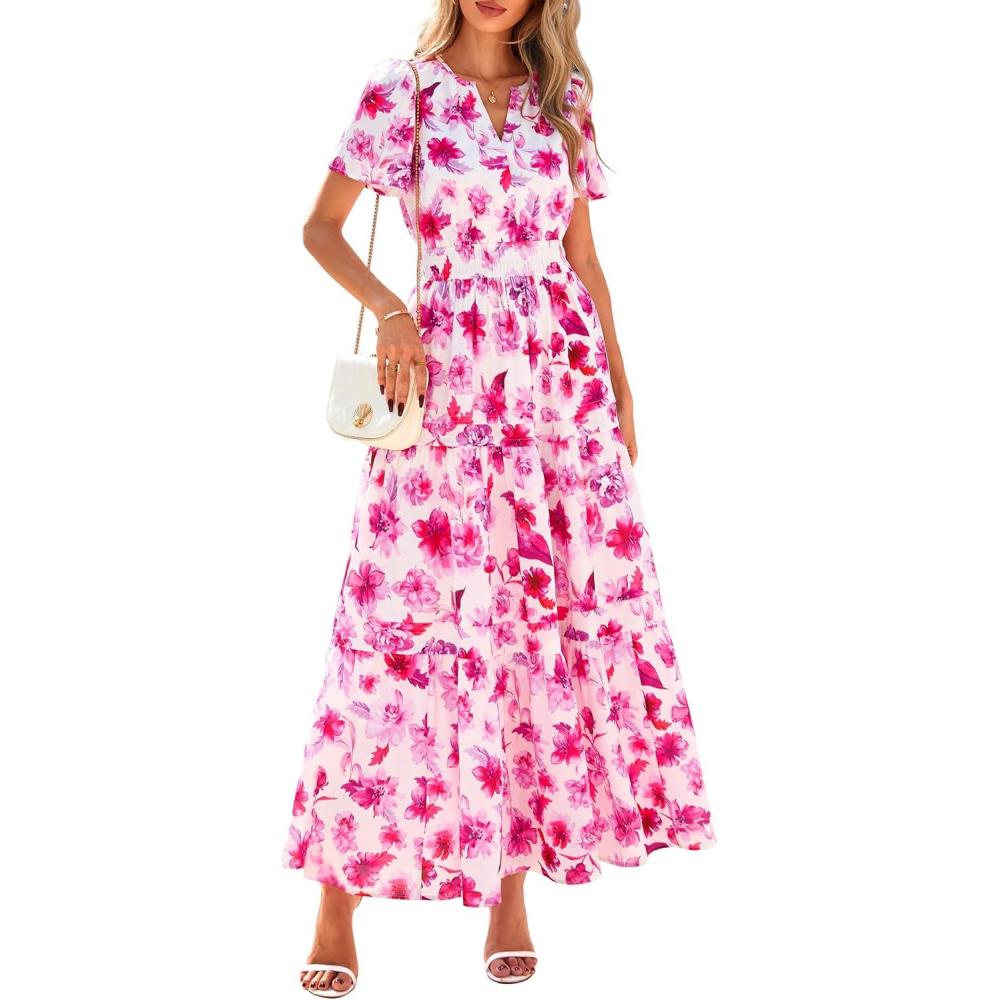 imagePRETTYGARDEN Womens 2026 Summer Boho Maxi Dresses Floral Short Sleeve V Neck A Line Tiered Flowy Long Beach Vacation DressWhite Pink Floral