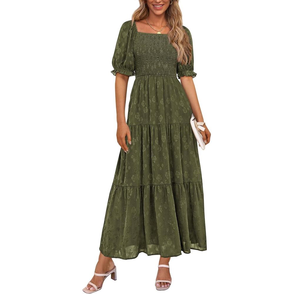 imagePRETTYGARDEN Womens 2026 Summer Casual Midi Dresses Square Neck Short Sleeve Smocked A Line Floral Flowy Elegant Boho DressArmy Green