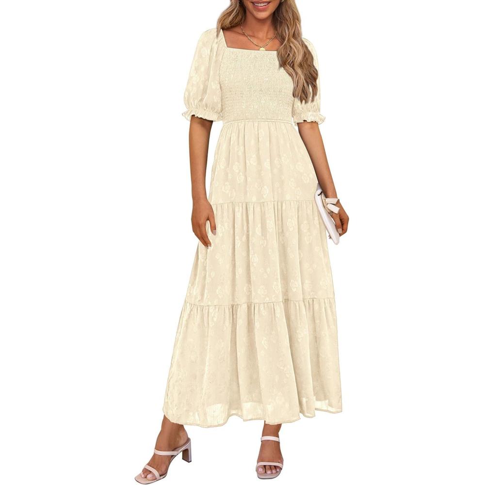 imagePRETTYGARDEN Womens 2026 Summer Casual Midi Dresses Square Neck Short Sleeve Smocked A Line Floral Flowy Elegant Boho DressBeige