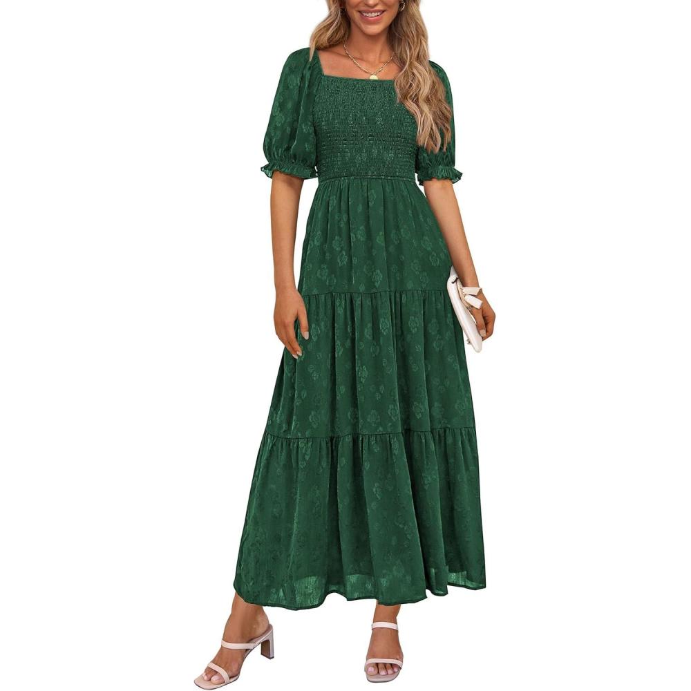 imagePRETTYGARDEN Womens 2026 Summer Casual Midi Dresses Square Neck Short Sleeve Smocked A Line Floral Flowy Elegant Boho DressDark Green
