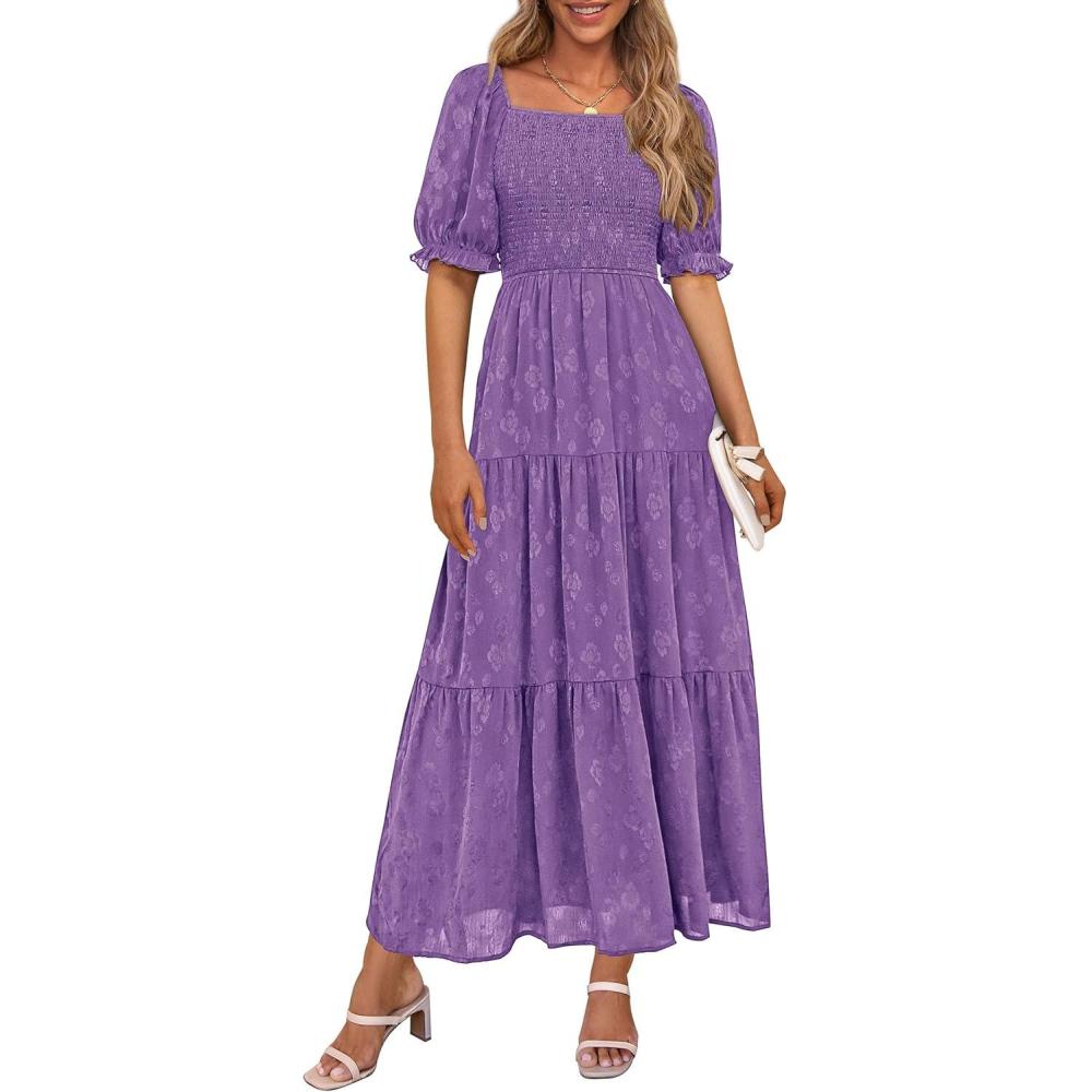 imagePRETTYGARDEN Womens 2026 Summer Casual Midi Dresses Square Neck Short Sleeve Smocked A Line Floral Flowy Elegant Boho DressDark Purple