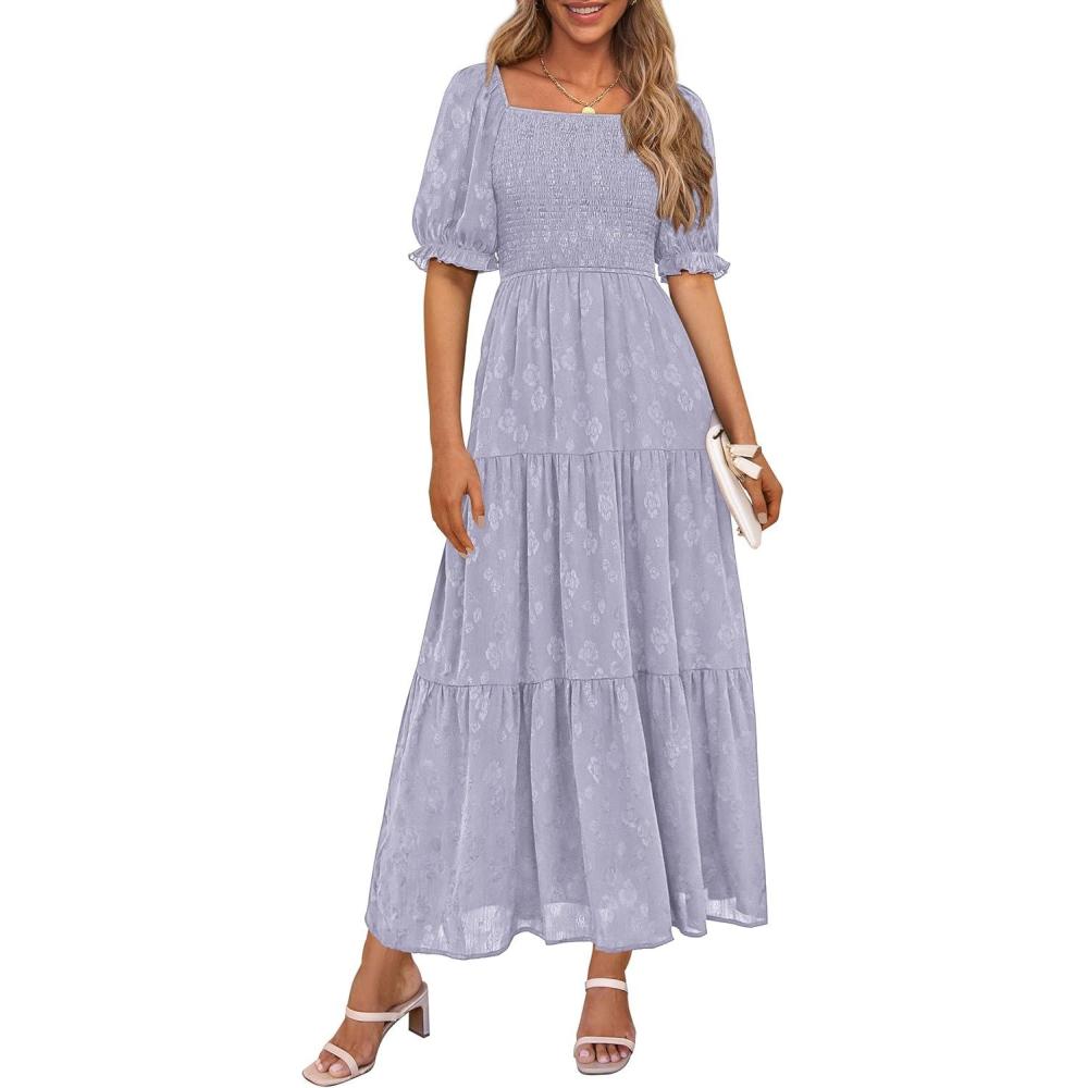 imagePRETTYGARDEN Womens 2026 Summer Casual Midi Dresses Square Neck Short Sleeve Smocked A Line Floral Flowy Elegant Boho DressGrey Blue