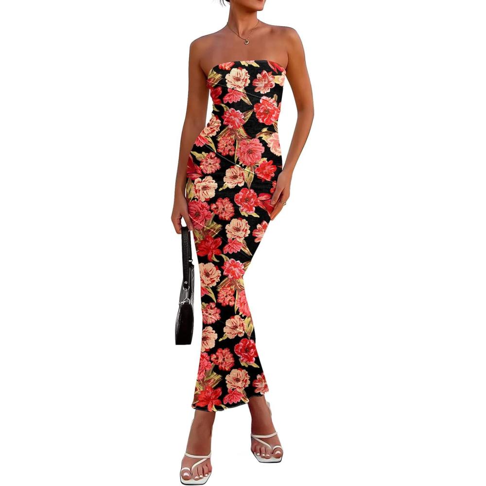 imagePRETTYGARDEN Womens 2026 Summer Floral Bodycon Maxi Dresses Ribbed Strapless Tube Casual Boho Party Long DressFloral Black