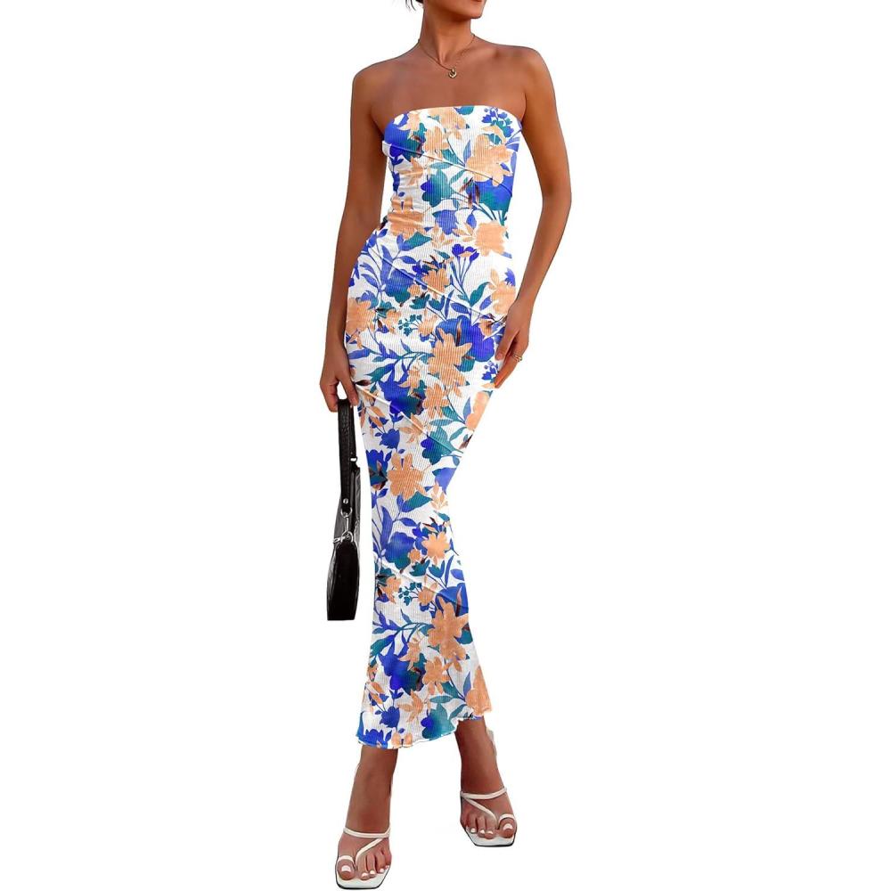 imagePRETTYGARDEN Womens 2026 Summer Floral Bodycon Maxi Dresses Ribbed Strapless Tube Casual Boho Party Long DressFloral White Blue