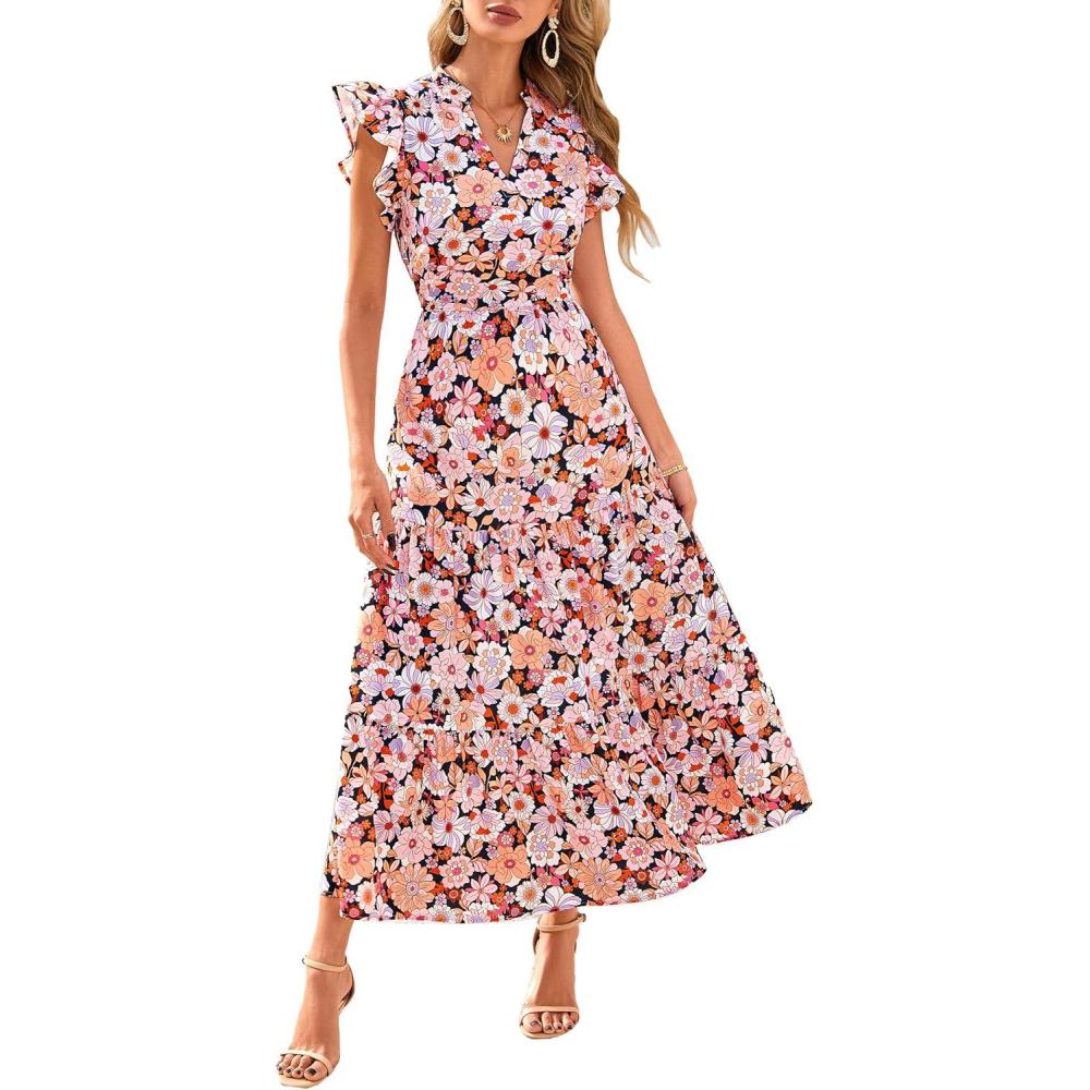 imagePRETTYGARDEN Womens 2026 Summer Floral Midi Dress Cap Sleeve V Neck Ruffle Long Flowy Boho Casual Beach Vacation DressesFloral Black Apricot