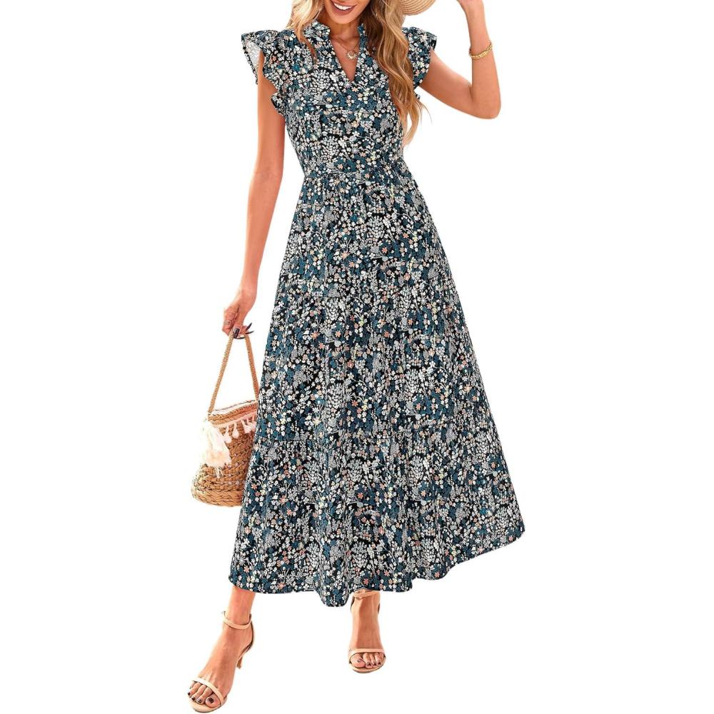 imagePRETTYGARDEN Womens 2026 Summer Floral Midi Dress Cap Sleeve V Neck Ruffle Long Flowy Boho Casual Beach Vacation DressesFloral Black Blue