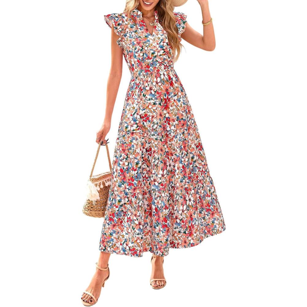 imagePRETTYGARDEN Womens 2026 Summer Floral Midi Dress Cap Sleeve V Neck Ruffle Long Flowy Boho Casual Beach Vacation DressesFloral Blue Orange