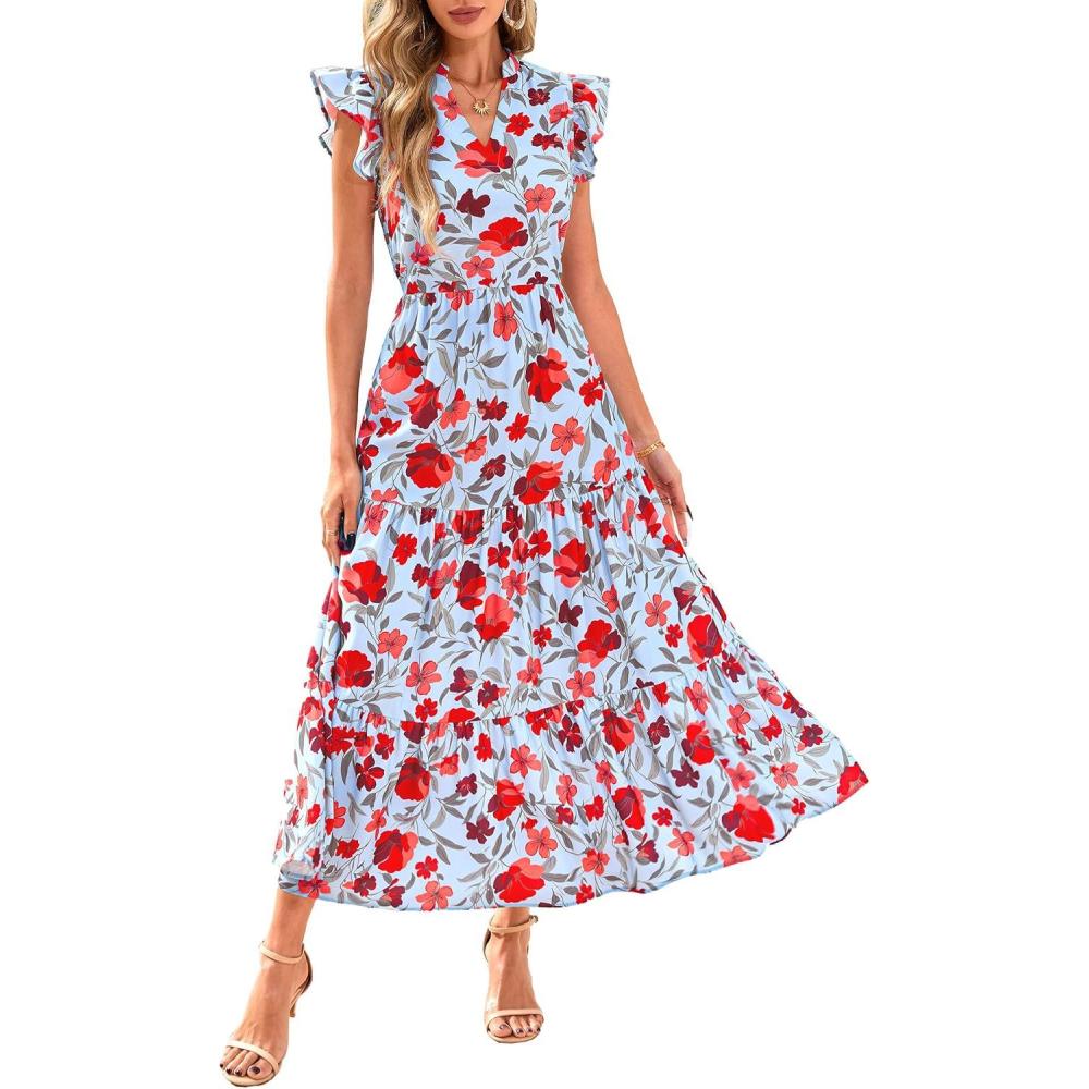 imagePRETTYGARDEN Womens 2026 Summer Floral Midi Dress Cap Sleeve V Neck Ruffle Long Flowy Boho Casual Beach Vacation DressesFloral Blue Red