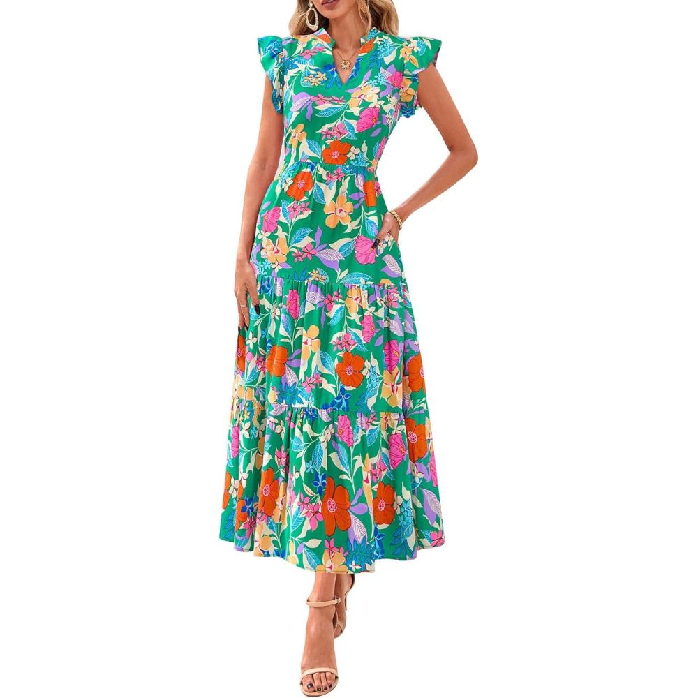 imagePRETTYGARDEN Womens 2026 Summer Floral Midi Dress Cap Sleeve V Neck Ruffle Long Flowy Boho Casual Beach Vacation DressesFloral Green Orange