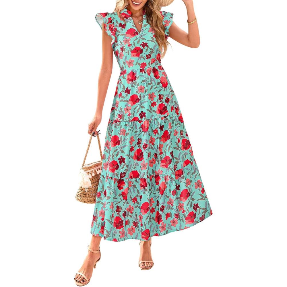 imagePRETTYGARDEN Womens 2026 Summer Floral Midi Dress Cap Sleeve V Neck Ruffle Long Flowy Boho Casual Beach Vacation DressesFloral Green Red
