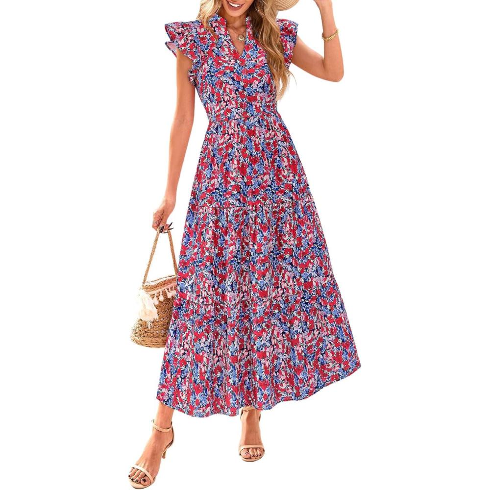 imagePRETTYGARDEN Womens 2026 Summer Floral Midi Dress Cap Sleeve V Neck Ruffle Long Flowy Boho Casual Beach Vacation DressesFloral Navy Red