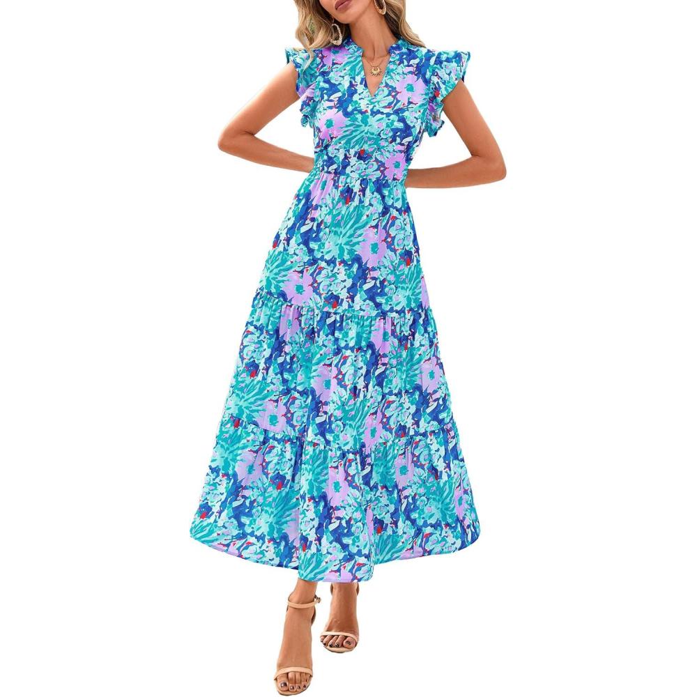 imagePRETTYGARDEN Womens 2026 Summer Floral Midi Dress Cap Sleeve V Neck Ruffle Long Flowy Boho Casual Beach Vacation DressesFloral Purple Blue