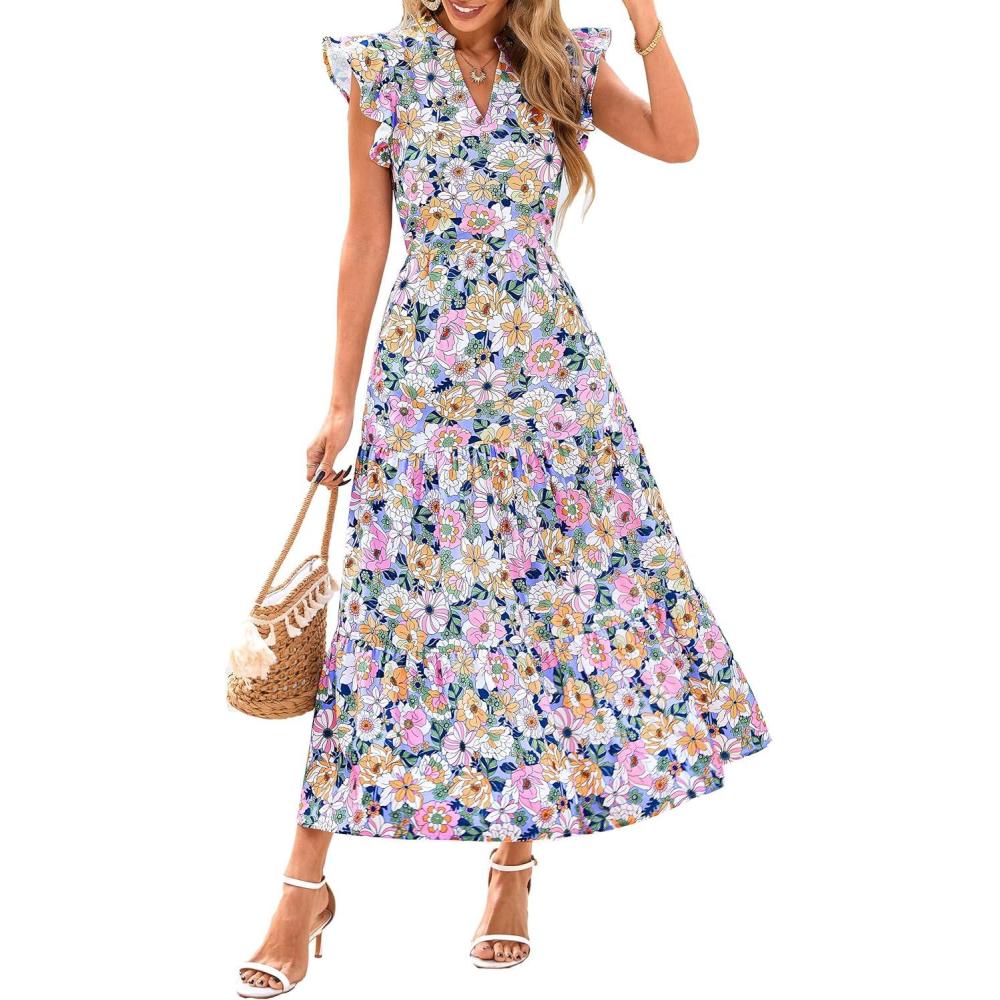 imagePRETTYGARDEN Womens 2026 Summer Floral Midi Dress Cap Sleeve V Neck Ruffle Long Flowy Boho Casual Beach Vacation DressesFloral Purple Pink