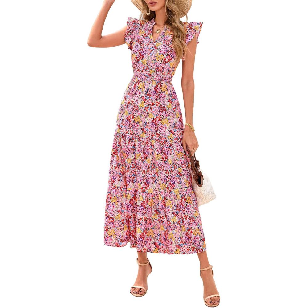 imagePRETTYGARDEN Womens 2026 Summer Floral Midi Dress Cap Sleeve V Neck Ruffle Long Flowy Boho Casual Beach Vacation DressesFloral Wine Red