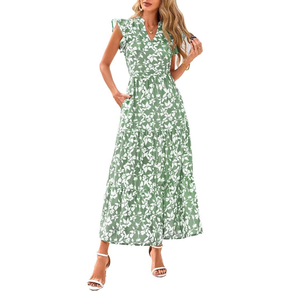 imagePRETTYGARDEN Womens 2026 Summer Floral Midi Dress Cap Sleeve V Neck Ruffle Long Flowy Boho Casual Beach Vacation DressesLeaves Light Green