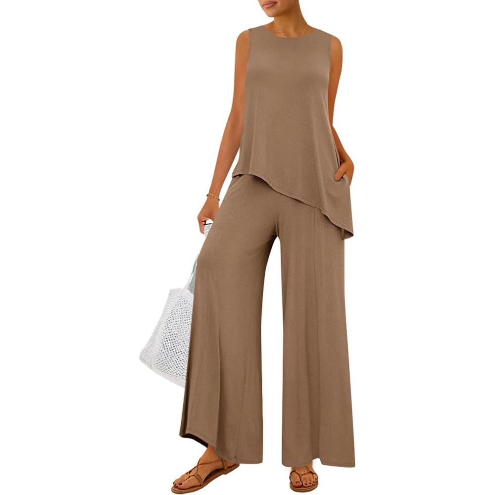 imagePRETTYGARDEN Womens 2026 Two Piece Matching Lounge Sets Asymmetrical Split Tank Tops Wide Leg Pants Summer Outfits TracksuitKhaki